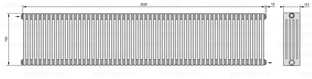 Схема (чертеж) Радиатор Zehnder Charleston 5075/55 №1670 Белый глянцевый RAL 9016
